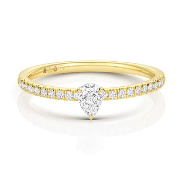 Pear Shape Solitaire Ring with Diamond Pave in Yellow Gold - Image 2