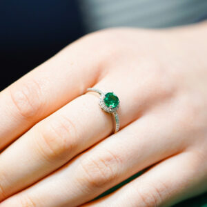 9K White Gold Emerald & Diamond Halo Ring