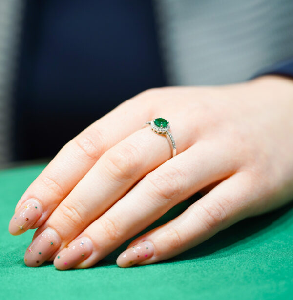 9K White Gold Emerald & Diamond Halo Ring - Image 3