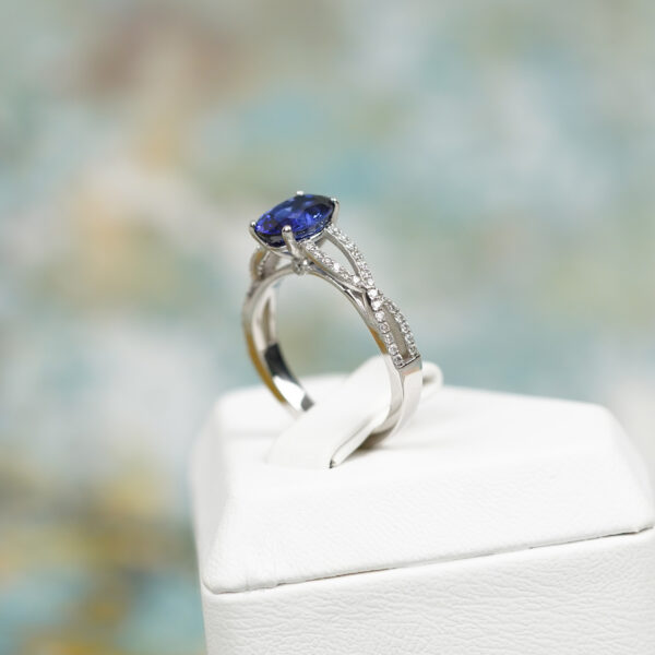 Oval Sapphire Ring with Diamond Pave Wave Band - Image 3