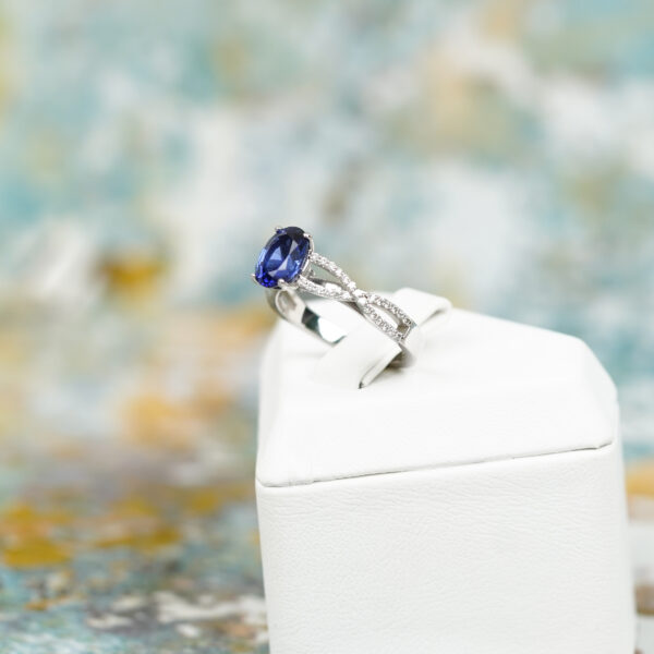 Oval Sapphire Ring with Diamond Pave Wave Band - Image 2