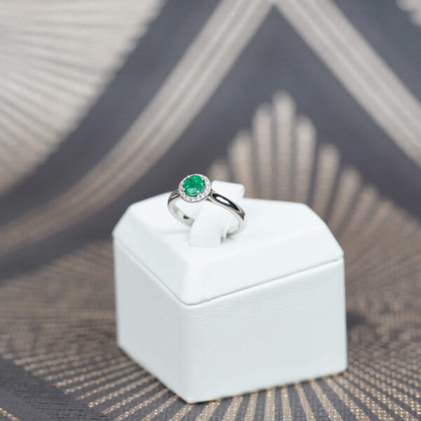 Emerald & Diamond Halo Ring in Platinum