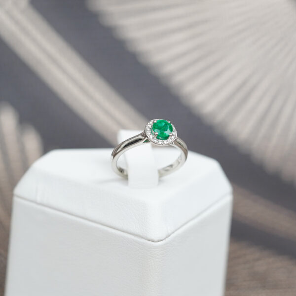Emerald & Diamond Halo Ring in Platinum - Image 3