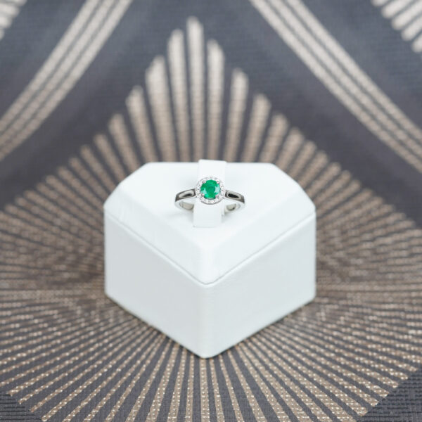 Emerald & Diamond Halo Ring in Platinum - Image 2