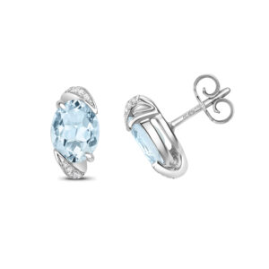 Oval Cut Aquamarine and Diamond Stud Earrings in White Gold