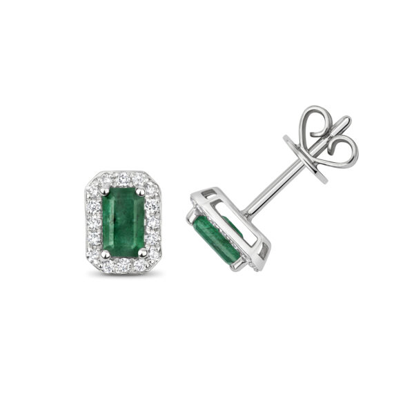 9K White Gold Diamond and Emerald Octagon Studs