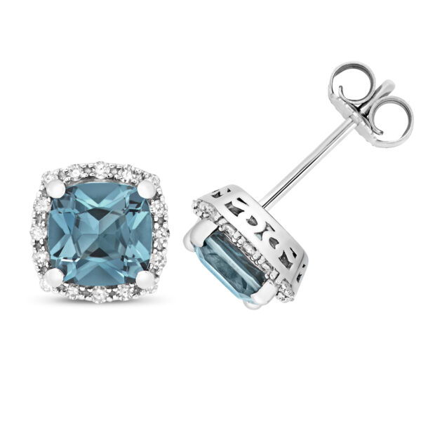 Diamond and London Blue Topaz Cushion Studs